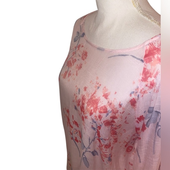 LC Lauren Conrad Boho Pullover Sheer Blouse Flutter Sleeves in PNK Floral SZ XL - Picture 3 of 8